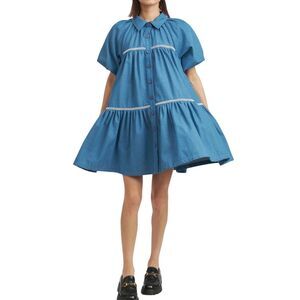 NWOT En Saison Tara Tiered Cotton Trapeez Denim Puff Sleeve Shirt Dress Women's